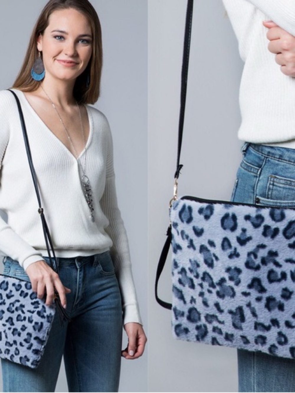 NWT L.I.B New York Blue Leopard Faux-Fur Crossbody Bag - Women's Fashion Tote